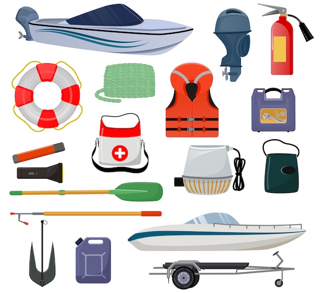 Boat equipment vector motorboat yacht with life-vest lifebuoy anchor marine set of nautical sailboat yachting or speedboat shipping transportation