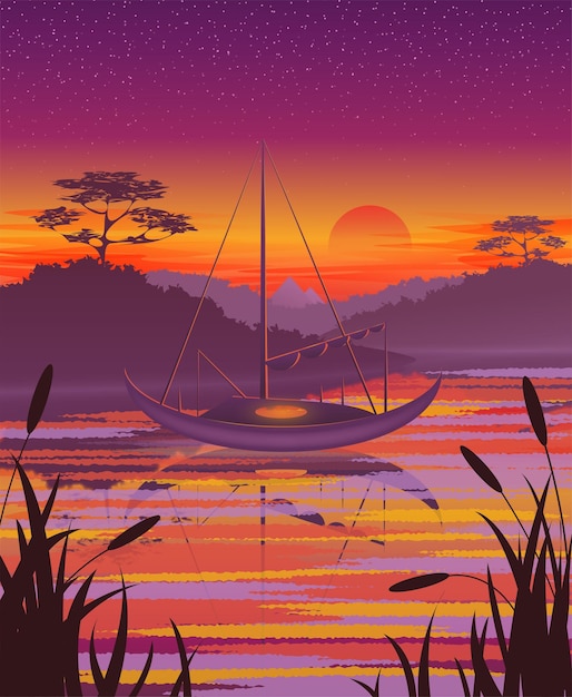 Boat illustration on sunset background