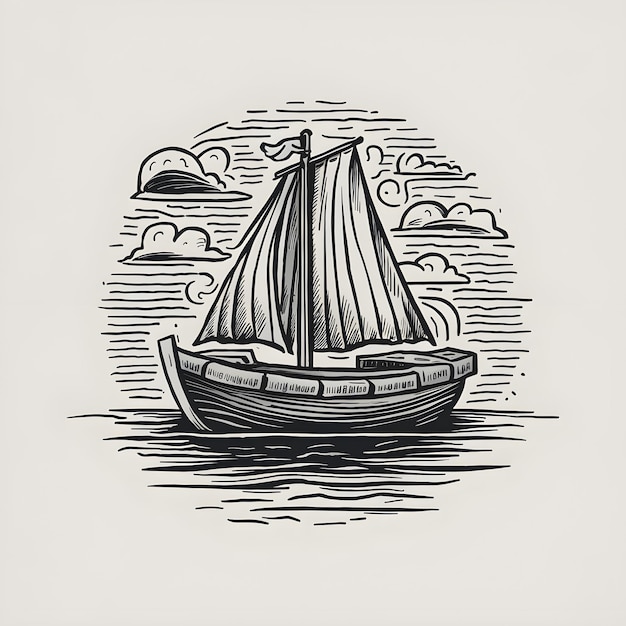 Boat ink sketch drawing black and white engraving style vector illustration