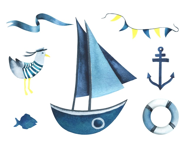 A boat with sails a lifebuoy an anchor a garland with flags a seagull in a vest a ribbon and a fish Watercolor illustration hand drawn in a childish simple style Set on a white background