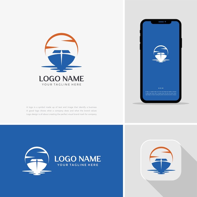 boat with waves element logo icon set. Ship logo design template vector