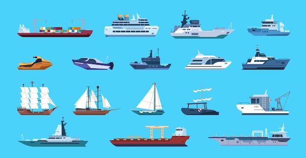 Boats Cartoon nautical ships Passenger or cargo vessels and warships Side view of marine transport set Brigantine and aircraft carrier sailing in ocean Vector transportation by sea