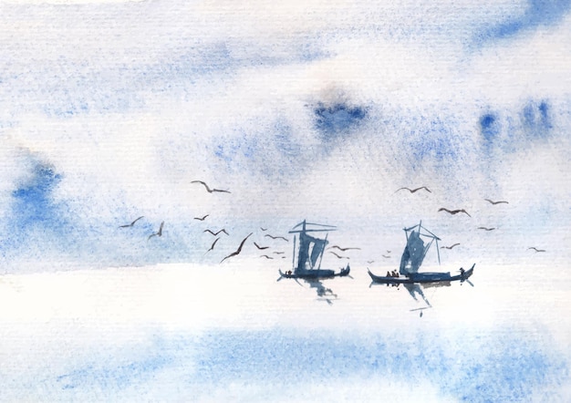 boats on the river watercolor paint