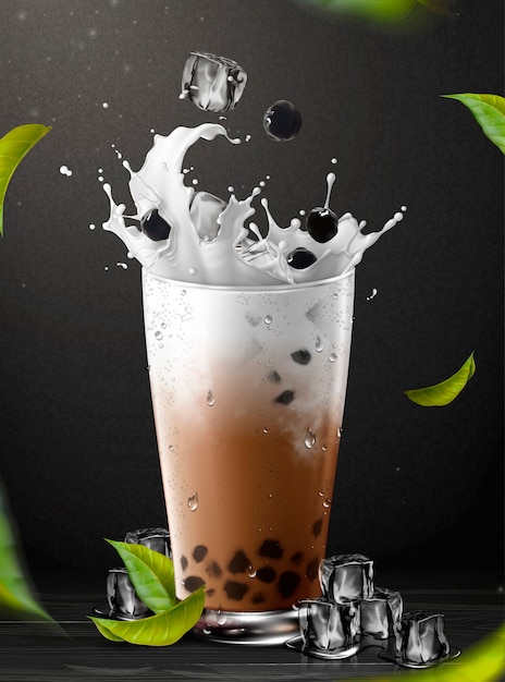 Boba tea element with splashing milk in glass cup on black background, 3d illustration