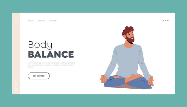 Body Balance Landing Page Template Man Practicing Yoga Meditation Sitting in Lotus Pose Stress Reducing