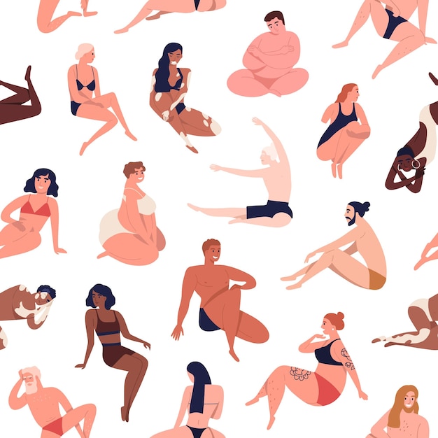 Body diversity seamless pattern. Repeatable background with male and female characters of different shape, size, skin color. Body positive people in underwear. Flat cartoon vector illustration.