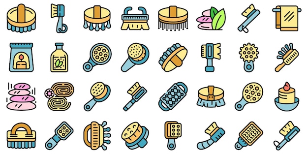 Body massage brush icons set vector color flat