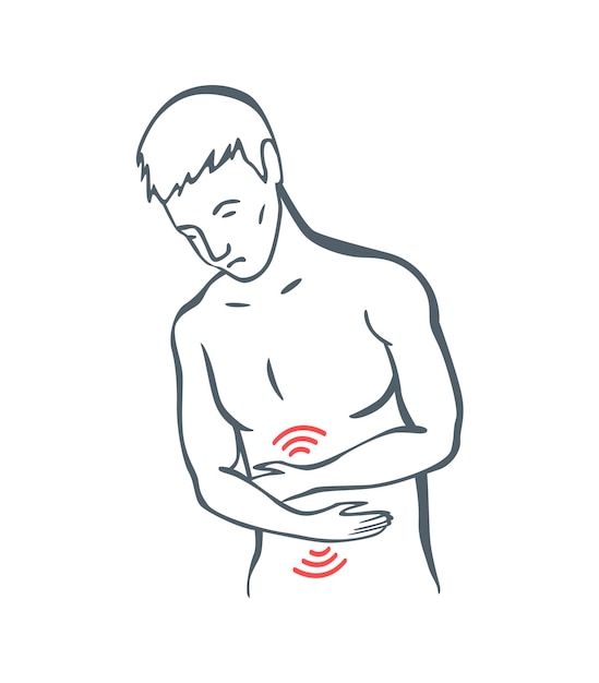 Body part pain Man feels pain in abdomen marked with red lines Vector foci of pain or trauma symbols grey art line illustration