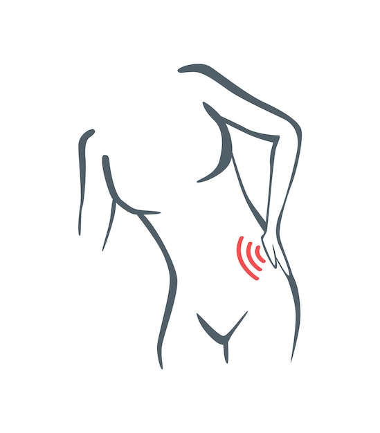 Body part pain Woman feels pain in back marked with red lines Vector foci of pain or trauma symbols grey art line illustration