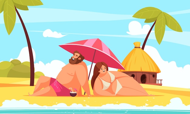 Body positive cartoon illustration with happy chubby man and woman lying under umbrella on beach