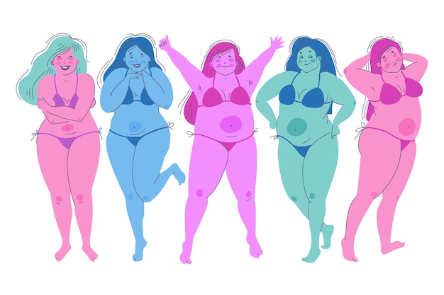 Body Positive Fat Cheerful Happy Young Girls in Swimsuits Dynamic Movements Happiness Emotions