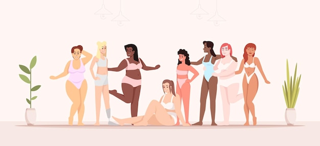 Body positive flat vector illustration Struggle for equality and feminism Indoor interior Smiling ladies of different nationalities Pot flowers Women dressed in swimsuits cartoon characters