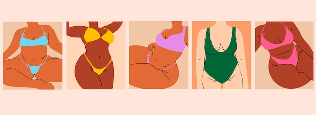 Body positive. Happy plus size girls. Vector illustration. Girls of cartoon style