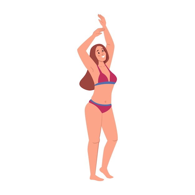 Body positive lady in bikini swimsuit isolated normal physique flat cartoon character vector sexy