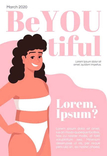 Body positive magazine cover template. Journal mockup design. Feminism. Vector page layout, flat character. Femail in swimwear. Smiling woman with freckles advertising cartoon illustration, text space