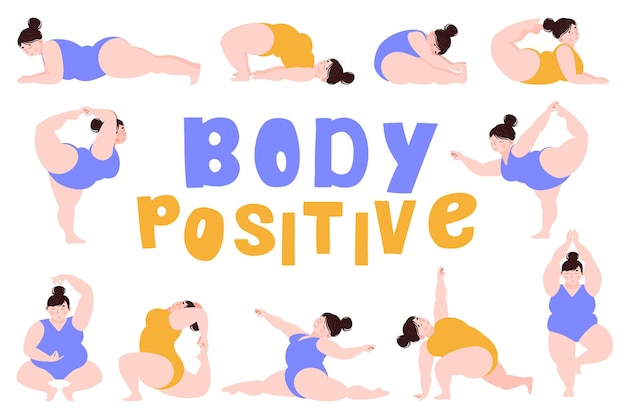 Body positive A plump girl is engaged in yoga meditation Set of various positions in yoga