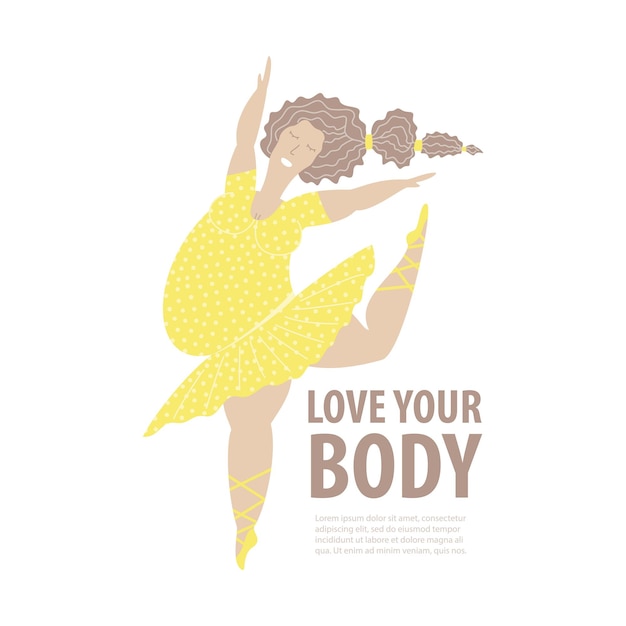 Body positive template. Plus size ballerina with yellow dress. Flat vector illustration isolated on white background.