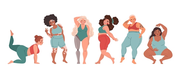 Body-positive women collection. Vector illustration of pretty women of diverse ethnicities bodies