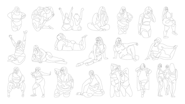 Body positive women in a contour linear style. Illustrations for creating prints.