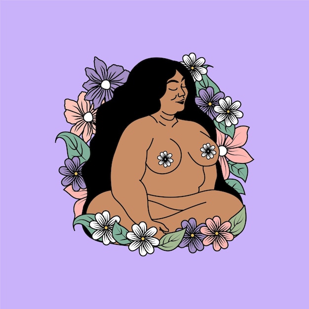 Body positivity plus size model with flowers and leaves