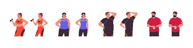 Body transformation and weight loss concept People figures before and after fitness Full obese and slim men and women changing losing belly Flat vector illustration isolated on white background