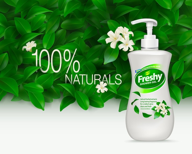 Body wash ad with leaf and flower background