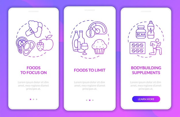 Bodybuilding nutrition purple gradient onboarding mobile app screen