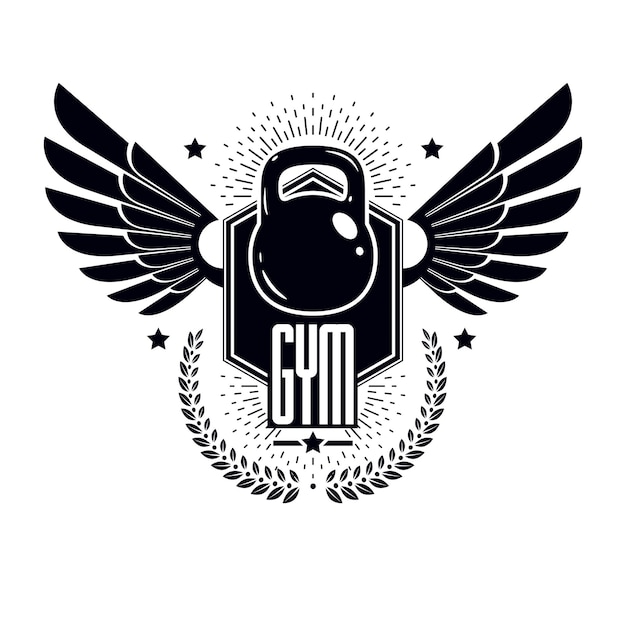 Bodybuilding weightlifting gym logotype sport template, retro style vector emblem with wings. With kettlebell.