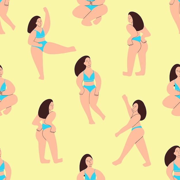 Bodypositive girls seamless pattern. A curvy model shows off her body. Vector illustration