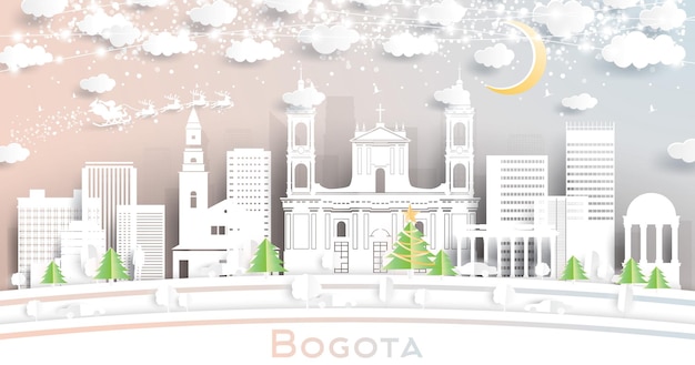 Bogota Colombia City Skyline in Paper Cut Style with Snowflakes Moon and Neon Garland