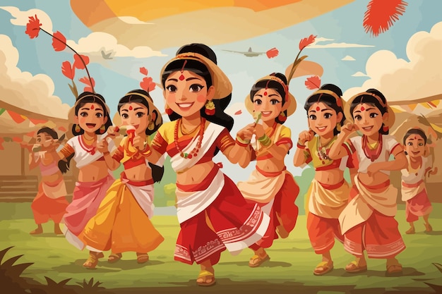 Bohag Bihu cartoon india holiday illustration