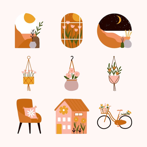 Bohemian collection aesthetic window scenery mountains desert, sunset sun and moon. Scandinavian hanging plant pots, comfy armchairs, Floral house and Bicycle flower.