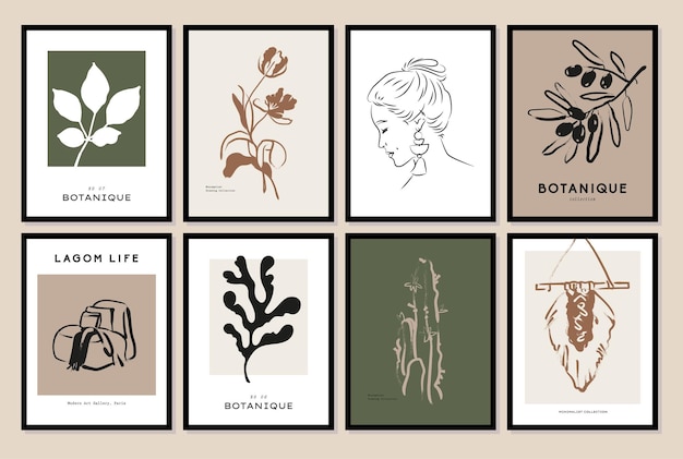 Vector bohemian collection of woman portrait and botanical illustrations for wall art gallery