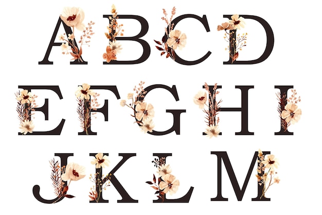 Bohemian flowers and leaf alphabet with dark color watercolor ornament AM