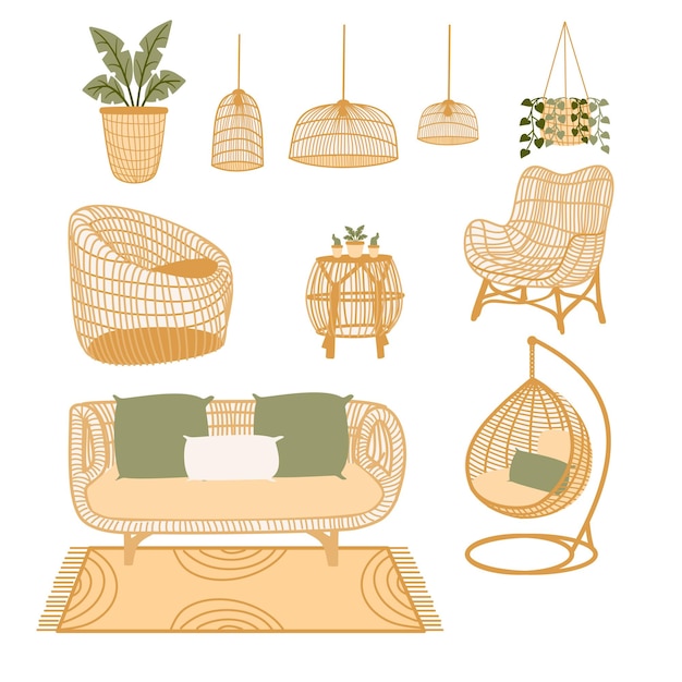 Vector bohemian rattan collection furniture in home or living room