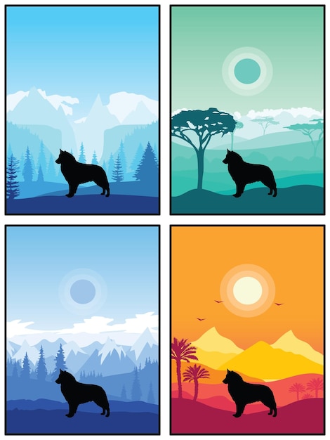 Bohemian Shepherd Dog Breed Silhouette Sunset Forest Nature Background 4 Posters Stickers Cards