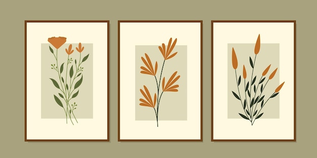 Boho aesthetic abstract botanical wall art poster prints. Scandinavian design, neutral natural color