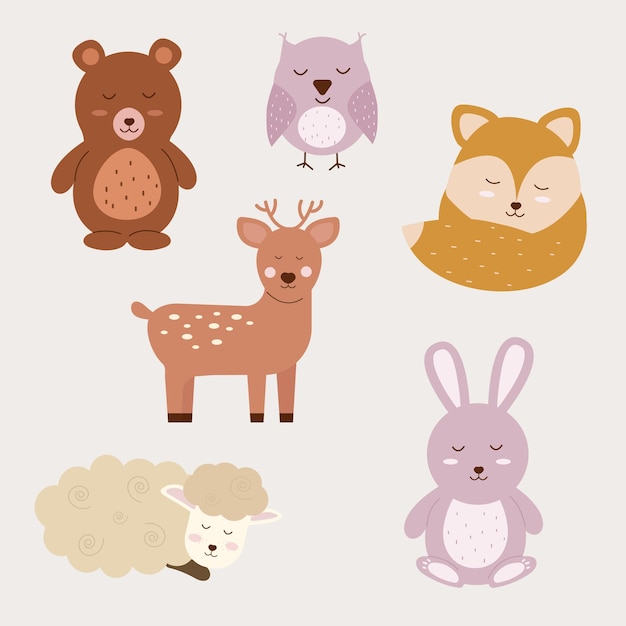 Boho animal character set with eyes closed Baby animals Vector illustration