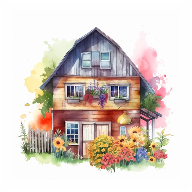 Boho barn house surrounded by flowers watercolor paint