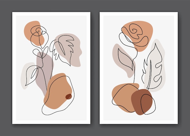 Boho botanical line art with abstract shape decoration