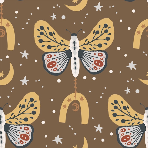 Boho butterfly vector pattern. Moth seamless bohemian background with rainbow and floral drawing.