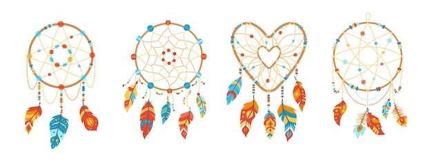 Boho dreamcatcher with feathers cartoon set. Ethnic design, boho chic. Bird feathers, talisman