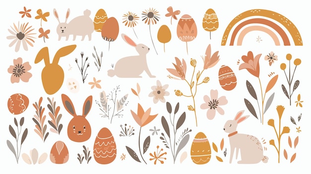 Boho Easter Concept Design with Bunnies Eggs Flowers and Ribbons