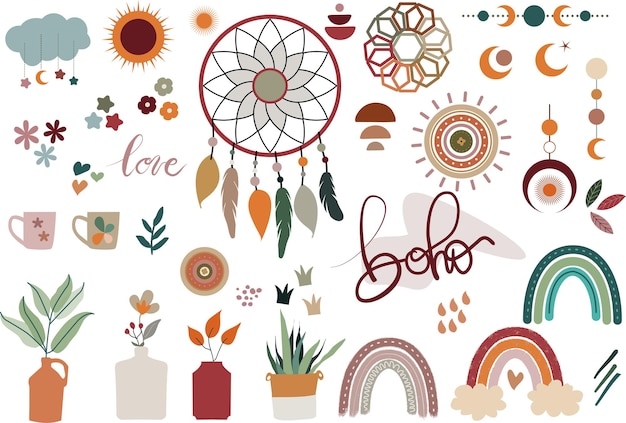 Boho elements collection with dream catcher flowers branches circles and rainbows