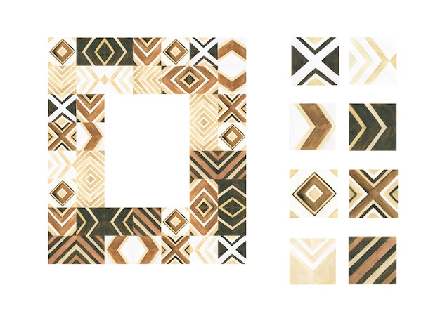 Boho fashion frame of natural wood mosaic tiles with geometric pattern for wall art prints