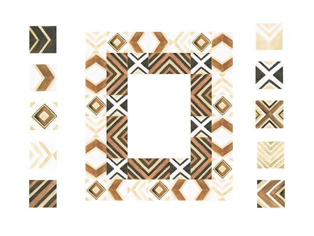 Boho fashion frame of natural wood mosaic tiles with geometric pattern for wall art prints