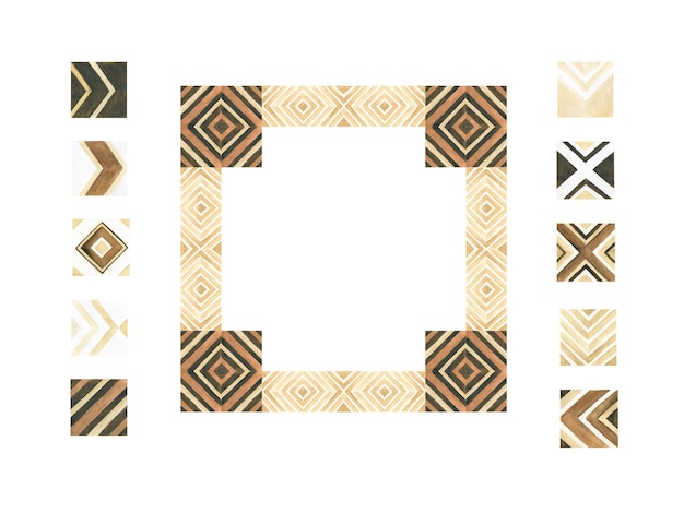 Boho fashion frame of natural wood mosaic tiles with geometric pattern for wall art prints