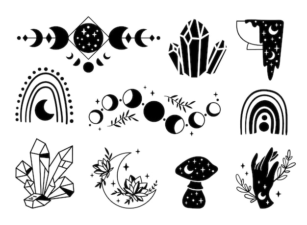 Boho floral moon phases rainbow mushroom witch hand crystal clipart celestial esoteric stuf