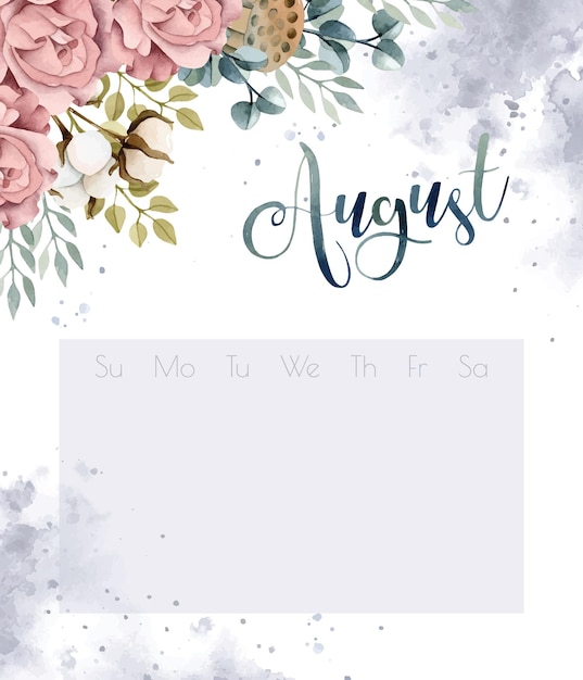 Boho flowers bouquet watercolor calendar. Lettering august on watercolor splashes