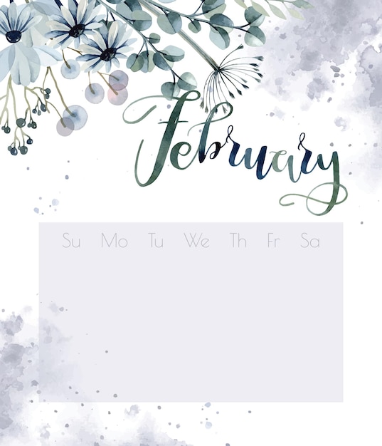 Boho flowers bouquet watercolor calendar. Lettering February on watercolor splashes